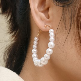 TseenYi Pearl Hoop Earrings Boho Large Pearl Huggie Earrings Pearl Large Circle Drop Earrings Gold Huge Circle Earrings Jewelry for Women and Girls Gifts