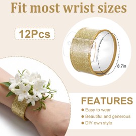12 Pieces Slaplet Corsage Wristlet Band Wrist Corsage Bracelets, 8.7" DIY Floral Slaplets Bracelet Bands with Acrylic Base DIY Accessories for Adult Wedding Bridesmaid Prom Bridal Shower Party(Gold)