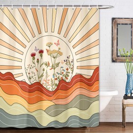 MDUKOIN Boho Sun Shower Curtain, 72X72in Retro Wildflower Floral Daisy Butterfly Vintage Groovy Minimalist Aesthetic Hippie Bath Curtains, Fabric Waterproof Bathroom Curtain with 12 Plastic Hooks