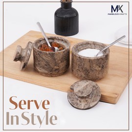 MARBLOUS KRAFTS Oceanic Marble Salt Cellar with Lid and Spoon 3 Inch Salt and Sugar Bowl for Kitchen, Marble Pepper Salt Dish with Lid