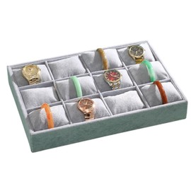 Kyodai Velvet Watch Organizer Tray with 12 Grids Solid Jewelry Chests Bracelets and Pendants Display Holder with Adjustable Pillow Tray Grey