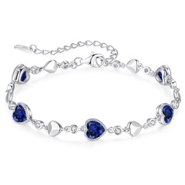 LOUISA SECRET Five Heart Birthstone Bracelets for Women, 925 Sterling Silver Dainty Women Charm Link Bracelet, Birthday Anniversary Jewelry Gifts for Woman Girlfriend Mother Mom Her Wife, 16 Count