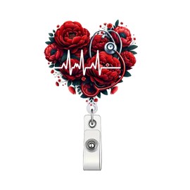 Valentine Rose Auscultation Badge Holder Retractable Nurse Doctor Nursing & Medical Workers, Valentine Red Rose Badge Reel Retractable Acrylic Alligator Clip ID Card Decor