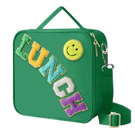 Insulated Lunch Bag With Adjustable Shoulder Strap, Nylon Preppy Lunch Box Large Insulated Lunch Bag Reusable Lunch Tote Bag with Smiley Preppy LunchBag for Girls School Travel Picnic (Dark green)