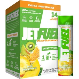 JetFuel Energy Stick Packs, On The Go Cafeína Natural, Energía Suave, Sin Choque, Vitamina C, B6, B12, Taurina, Tirosina, Para Mujeres Y Hombres (Paquete De 14, Tropic Thunderburst)