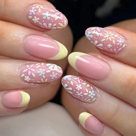 Short Press on Nails Almond Fake Nails Multicolor Flowers Glue on Nails Light Yellow French Acrylic Nails Light Pink Artificial Nails Spring Stick on Nails for Women 24 Pcs