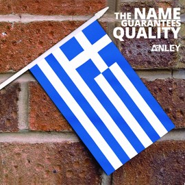Anley Greece Mini Flag 12 Pack - Hand Held Small Miniature Greek Flags on Stick - Fade Resistant & Vivid Colors - 5x8 Inch with Solid Pole & Spear Top