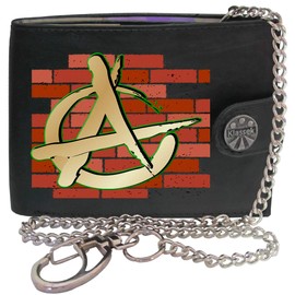 Klassek Anarchy Symbol Wall Chaos Revolution Mens Wallet with Chain Real Leather RFID Blocking with Coin Pocket and Metal Gift Box