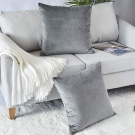 Rythome Set of 2 Comfortable Throw Pillow Cover for Bedding, Decorative Accent Cushion Sham Case for Couch Sofa, Soft Solid Velvet with Zipper Hidden - 16"x16", Dolphin Gray