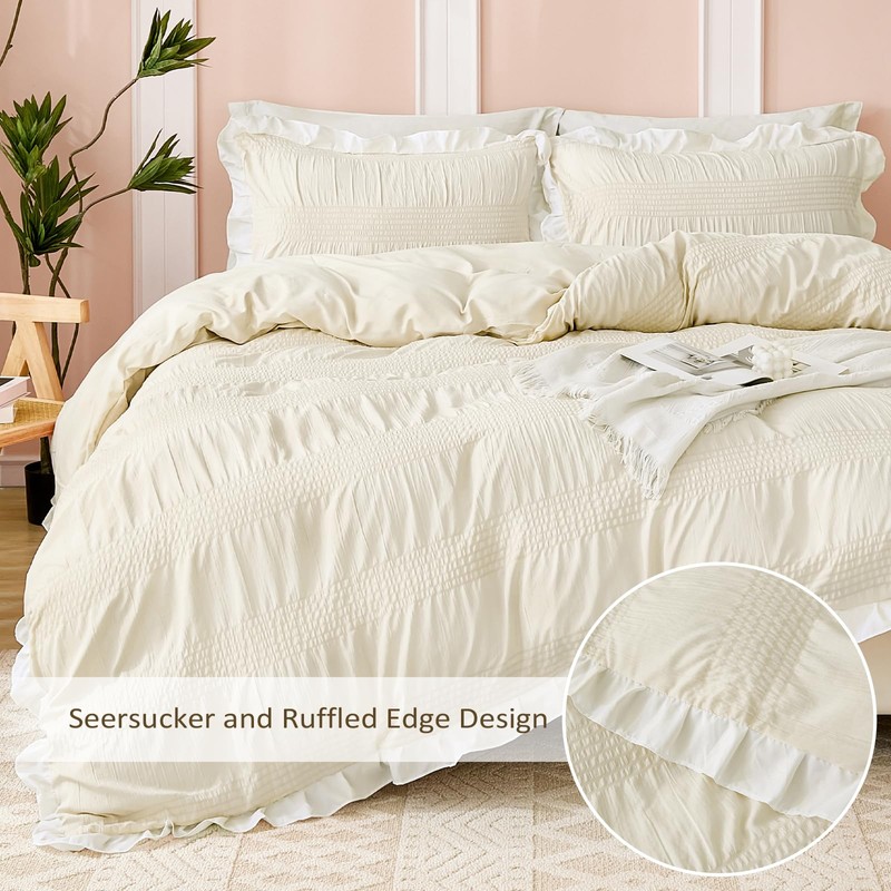 Guchuang Bedding Cream White Seersucker Duvet Cover Set Double Size,