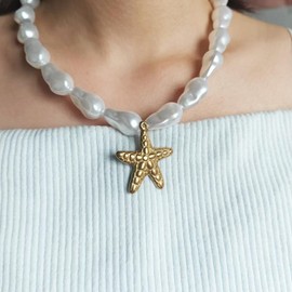 Starfish Pearl Necklace for Women Baroque Pearl Starfish Necklace Bubble Star Statement Necklaces Adjustable Baroque Star Necklaces Summer Fashion Jewelry Accessories (starfish)