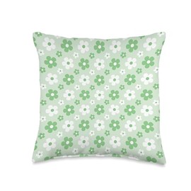 Green and White Retro Flowers, Cute Ditzy Floral Design Throw Pillow
