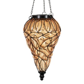 Exhart Amber Solar Lantern – Glass Tear-Shaped Hanging Lantern – Teardrop Glass Ceiling Lantern Hangs in a Metal Cage w/ 12 Blue LED Firefly Solar Lights 7" L x 7" W x 24" H