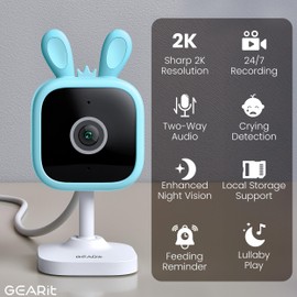 GEARit Baby Monitor with Camera & Audio 2K Video with Motion & Crying Detection, 2 Way Audio Easy WiFi Setup, Remote Monitoring - Easy to Set Crib Monitor with Adjustable Stand