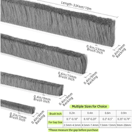 ZOMPAGO Strong Adhesive Brush Weather Stripping 0.6in (T）x 0.4in (W) x 33FT, Grey, Door Seal for Sliding Windows & Doors, Soundproof Noise Blocker, Draft Stopper for Garage Door Frame & Exterior Doors