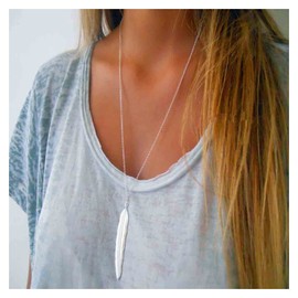 Yheakne Boho Feather Necklace Silver Leaf Necklace Long Y Drop Necklaces Vintage Leaf Pendant Necklaces Chain Jewelry for Women