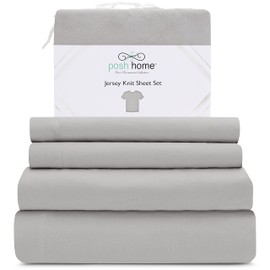 Posh Home Jersey Knit Sheet Set – 4-Piece Jersey Bed Sheets – T-Shirt Breathable & Soft Cotton Jersey Sheets - Includes Flat Sheet, Jersey Fitted Sheet, & 2 Pillowcases - King Sheets, Ashen Gray
