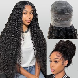 ADESORAES 360 Glueless Curly Human Hair Wig 28 Inch Pre Plucked Hidden Strap Water Wave Lace Front Human Hair Wigs With Drawstring 180 Density Wet and Wavy HD Full 360 Lace Frontal Wigs
