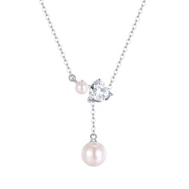 FANCIME Women's Pearl Necklace, Genuine Pearl, 0.3 - 0.3 inches (7.5 - 8 mm), 0.1 - 0.16 inches (4 - 4.5 mm), 2 Tablets, Freshwater Pearls, 12 Months, Birthstone Heart Motif, Y-Shape, Adjustable