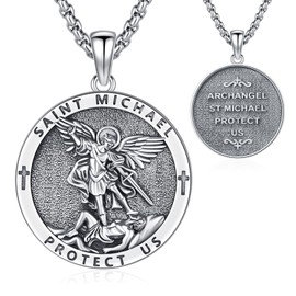 AUDINCEED St Michael Pendant St Michael Necklace 925 Sterling Silver St Michael Medal Archangel Michael Pendant Amulet Necklace Protection Jewelry for Men Women