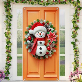 BlissYard Christmas Door Cover Wreath Decoration Snowman Red Knit Hat Scarf Poinsettias 35x71 Inches Front Door Wreath Xmas Hanging Decor for Home Holiday Christmas Photo Backdrop
