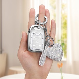 Vicoca for Chevy 6 Button Key fob Cover with Diamond Heart Keychain, Car Accessories TPU for Chevy Suburban Tahoe 2015 2016 2017 2018 2019 2020 GMC Yukon, Silver Clear