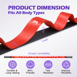 ROSAPOAR Stretching Strap with Loops - Non Elastic Yoga Straps for Physical Therapy, Durable Stretch Bands for Exercise, Flexibility Training, Hamstring & Leg Stretcher, Yoga/Pilates/Gymnastics - Red