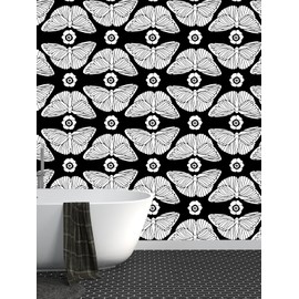 HAOKHOME Black Wallpaper Peel and Stick Floral Butterfly Wall Paper Removable for Bathroom Black/White Contact Paper 17.3in x 9.8ft