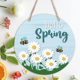 Hello Spring Daisy Bees Door Sign (12 Inch),Spring Welcome Door Sign, Flower Front Door Welcome Sign, Spring Wall Sign, Spring Wood Hanger Sign, Spring Door Decorations -CJMP03