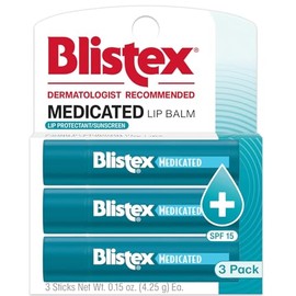 Blistex Medicated Lip Balm SPF 15, 3 Count | Paquete de 3, 0,15 oz cada uno, protección solar, alivia sequedad