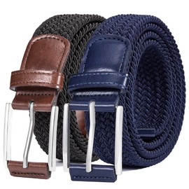DENGFENGZHE Belt for Men, 1 3/8" Mens Gift Stretch Braided Web Belt Elastic for Casual Golf Jeans, 2 Pack (Black+Navy blue, 36" to 42" Waist Adjustable)
