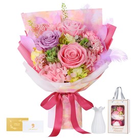 Roses Bouquet with Vase, Forever Bouquet Flowers, Eternal Preserved Real Rose, Gifts for Woman Wife Girlfriend, Gifts for her on Birthday, Anniversary, Valentine's Day, Mother's Day, Christmas（Pink)