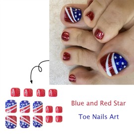 4th of July Press on Toenails Independence Day False Toenails Glossy Short Square Toe Nails Patriotic American Nail Toe Nails for Women