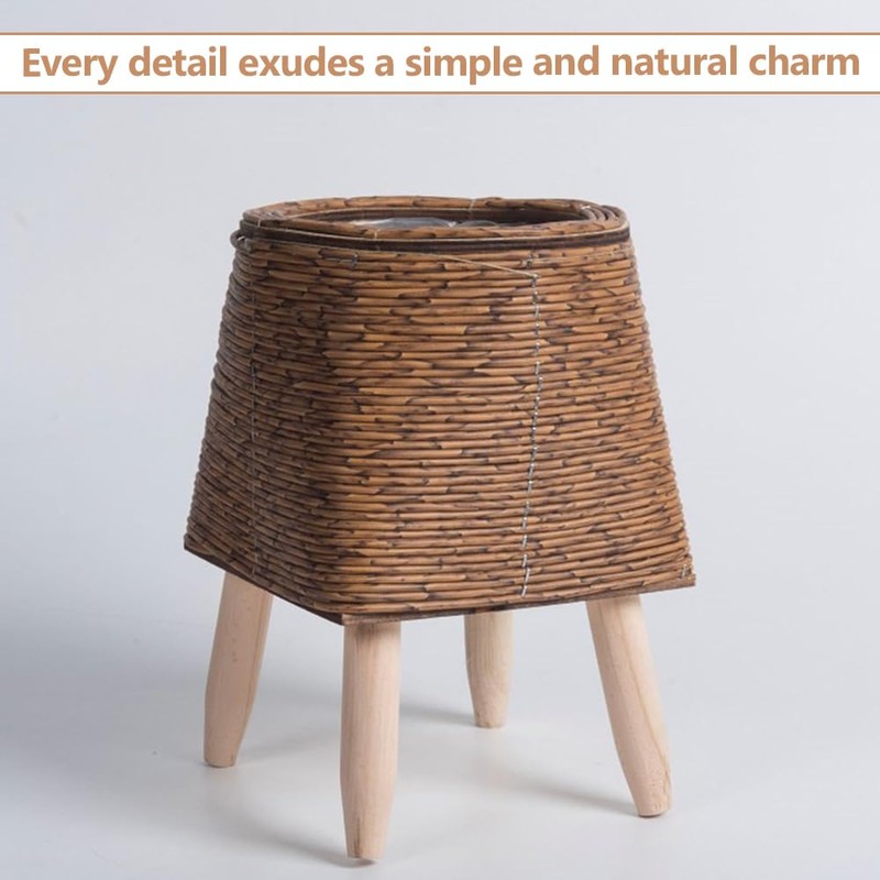 Indoor Woven Planter with Stand, Rattan-Style Plastic Flower Pot Holder,