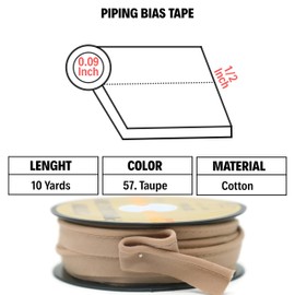 Piping Trim Bias Tape with Cord - 10 Yards - 65+ Colors - 1/2 Inch Decorative Sewing Trim for Upholstery Cushions Home Décor Crafting Clothing - Durable Cotton - Taupe ID57