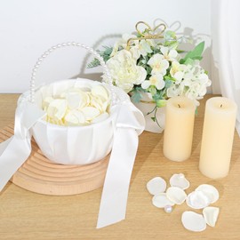 Wedding Flower Girl Basket Set of 2 - With 400Pcs Silk Flower Petals Pearl Handle and Ribbon Bow Wedding Basket, Artificial Flowers for Romantic Night Bridal Party Home Decorations(Ribbon Bow)
