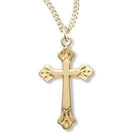 Heartland Store Women's 16kt Gold Over Sterling Silver Budded Etched Tip Cross + 18 Inch Gold Plated Chain & Clasp| USA Made