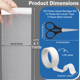 Timgle 120 Pack Gauze Rolls Bandages Set 4 in x 4.1 Yards Stretch Bandage White Rolled Breathable Gauze Wrap with 12 Non Woven Tape and 3 Black Scissors for Wound Care First Aid Supplies