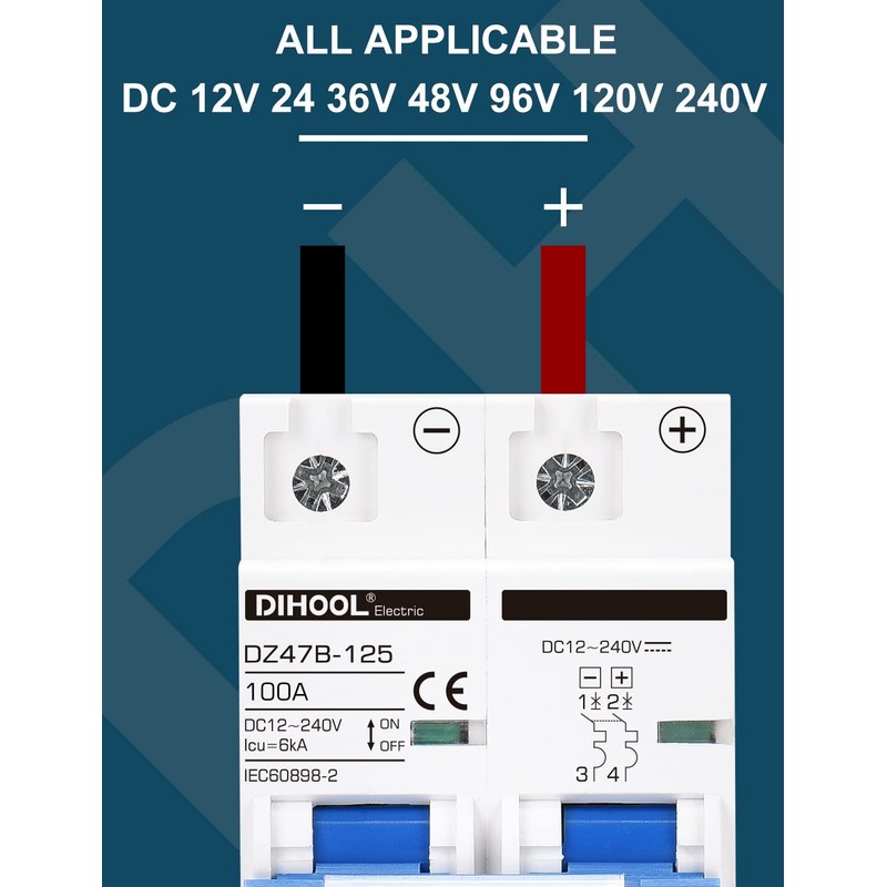 DIHOOL DC Circuit Breaker,100A 2 Pole,12V to 240 Volt Solar