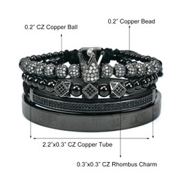 Innocence Imperial Crown King 18K Gold CZ Beads Cuff Bracelet Luxury Charm Fashion Cuban Link Bangle Jewelry Set For Men Women (D Black)