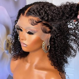 Curly Bob Wig Real Hair 14 Inches Glueless 13 x 4 Lace Front Wigs Pre-Plucked for Women 150% Density Mongolian HD Kinky Curly Bob Lace Frontal Wigs