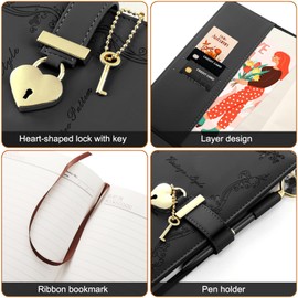 Mousbull Girls Diary with Lock and Key, Cute Heart Shaped Lock Journal for Women, Refillable A5 Vintage Secret PU Leather Notebook Gift for Teen Girls - Black