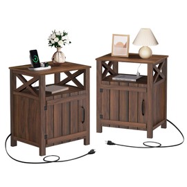 Ortello Home Farmhouse Nightstand Set of 2 with Charging Station, Brown, Side Table, End Table with Barn Door & Shelf, Rustic, for Bedroom, Living Room