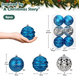 4.3" Large Christmas Balls Ornaments Set, 6-Pack Xmas Tree Decorations Balls, Shatterproof Glossy Hanging Plastic Indoor Christmas Decorations, Assorted Blue and Silver Ornaments for Holiday, Party