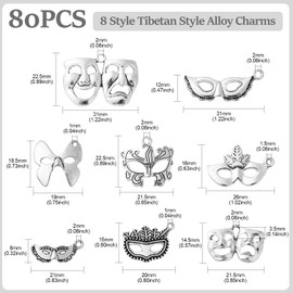 DanLingJewelry 80Pcs 8 Styles Tibetan Silver Party Mask Charms Masquerade Pendants Vintage Face Mask Charms for Jewellery Making Craft