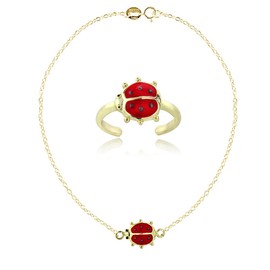 Hoops & Loops Yellow Gold Flashed Sterling Silver Enamel Ladybug Anklet and Toe Ring Set
