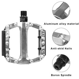 AVASTA Bicycle Pedal Aluminum Alloy, Flat Pedal with Reflective Reflector, Mountain Bike, Aluminum Pedal, MTB, Cross Bike, Road Bike, Pedal, Large Area, Spike, 9/16 Cores, Silver, Left and Right Set