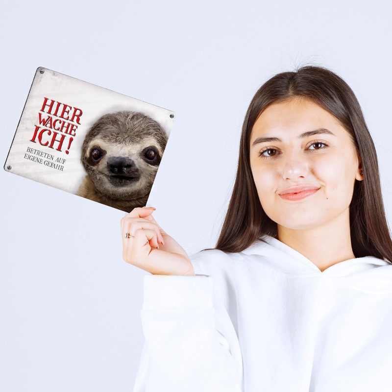 Metal Sign with Sloth Motif and Saying "Betreten auf eigene