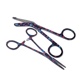 Nurse Bandage Lister Scissors + Hemostat Forceps 2 Pcs Set Made of Stainless Steel 5.5" Ideal for Doctors, Veterinary Vet Tech Nurse Gift, EMS, Students, in Dog Cat Pet Paws Print (Black Multi Paws)