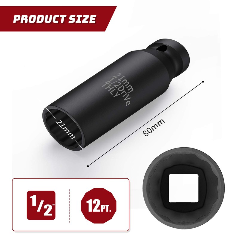 21mm Socket 1/2 Drive, 1/2 Inch Impact Metric 12-Point Deep